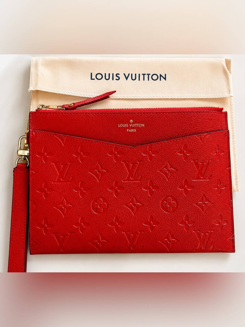 Unlisted Red Embossed Monogram Wristlet Pouch with Gold Hardware